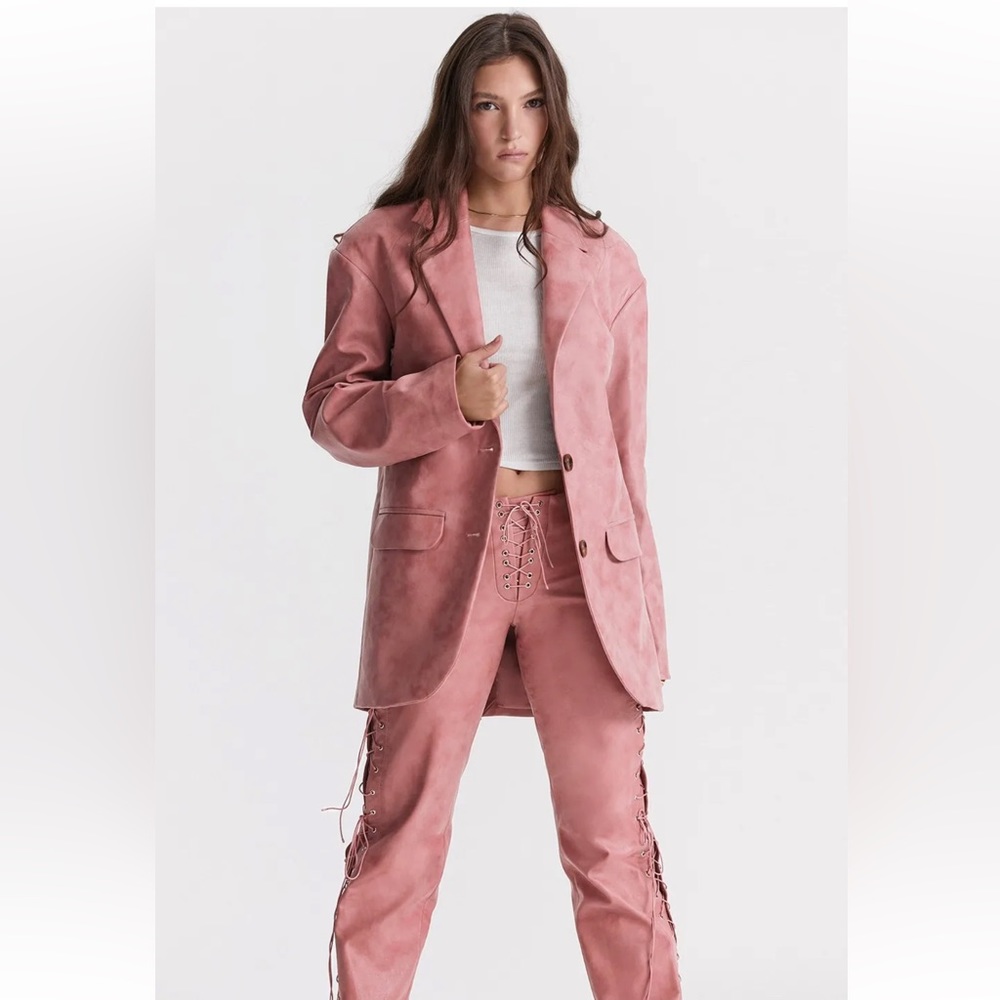 HOUSE OF CB 'Kiera' Warm Pink Vegan Leather Oversized Blazer/Size S-US 4-6
